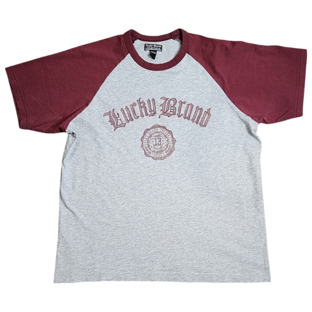 Lucky Brand Mens Large Vintage Raglan Crewneck Short Sleeve Shirt Gray Maroon
